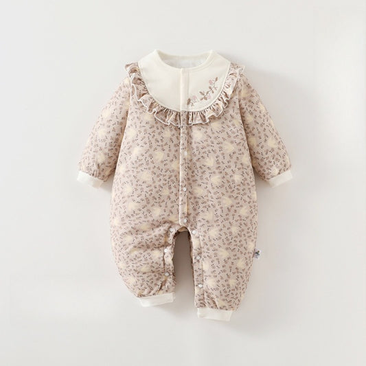 100% Cotton Quilted Long Sleeve Snap-Up Romper - Brown Flower Garden
