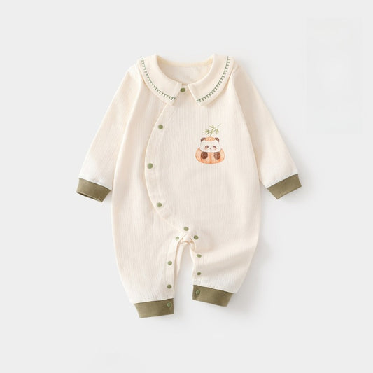 100% Cotton Long Sleeve Snap-Up Romper - Beige Panda