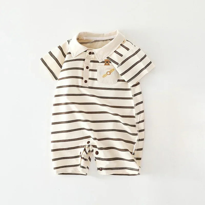 Cotton Short Sleeve Snap-Up Romper - Red Stripe & Bear - Bodyfeu
