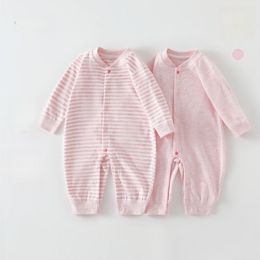 [2-Pieces Set] 100% Cotton Long Sleeve Snapup Romper - Pink & Pink Stripe