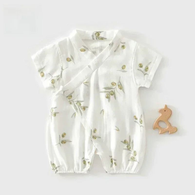 Cotton & Bamboo Muslin Short Sleeve Kimono Romper - Lemon - Bodyfeu