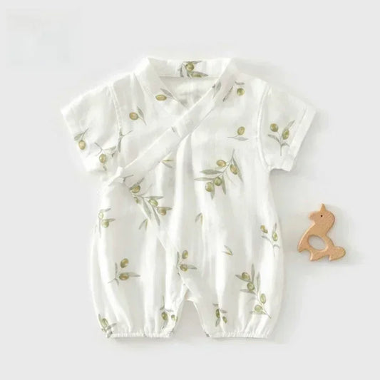 Cotton & Bamboo Muslin Short Sleeve Kimono Romper - Lemon - Bodyfeu
