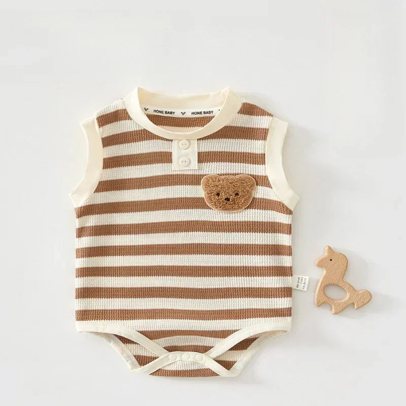 Cotton Sleeveless Overhead Bodysuit - Red Stripe & Bear - Bodyfeu