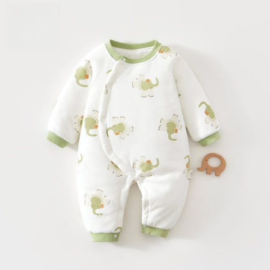 100% Cotton Long Sleeve Snap-Up Quilted Romper - Green Elephant