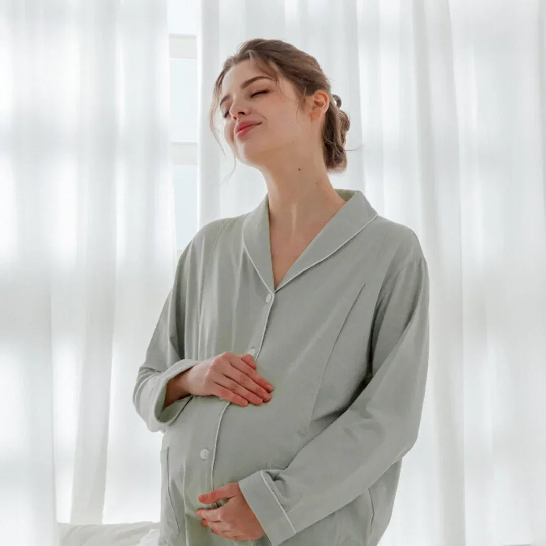 Cotton Button-Up Maternity Pajama- Green - Bodyfeu