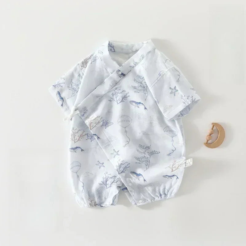 Cotton & Bamboo Muslin Short Sleeve Kimono Romper - Flamingos & Giraffes - Bodyfeu