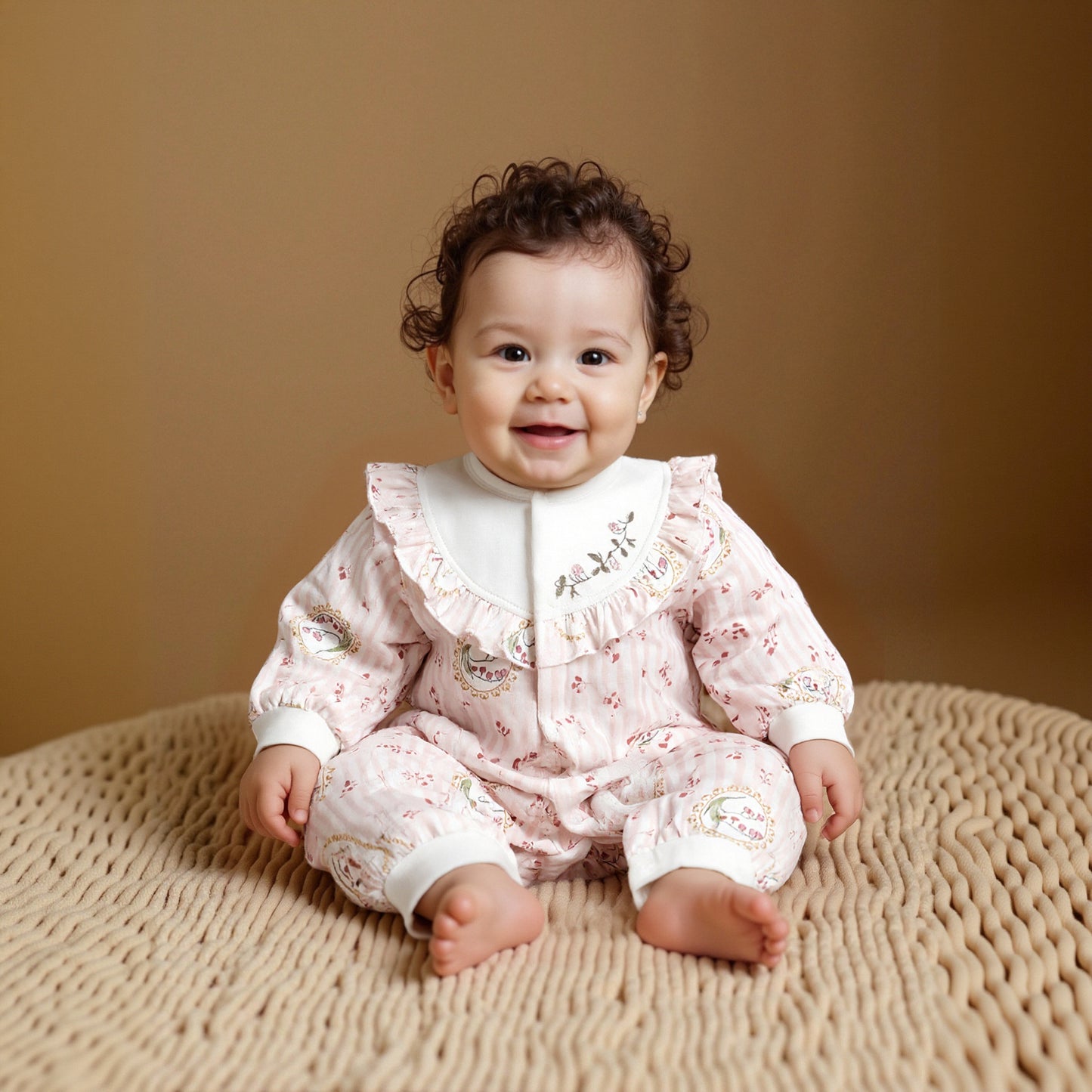 100% Cotton Quilted Long Sleeve Snap-Up Romper - Bunny with Flowers