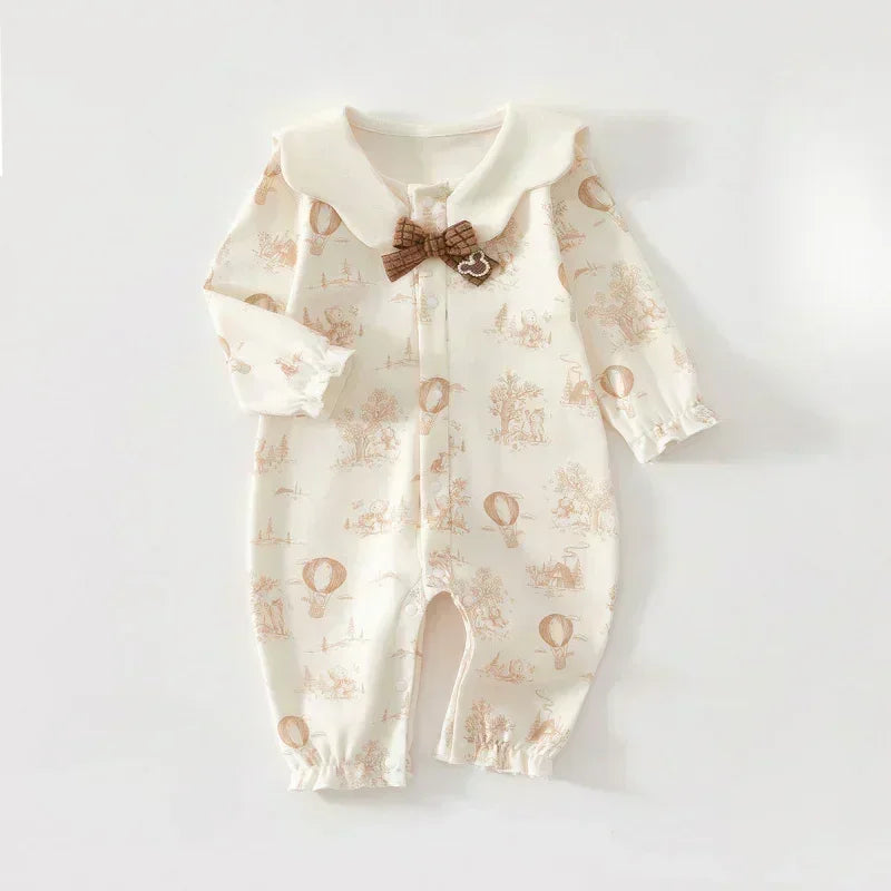 100% Cotton Long Sleeve Snap-Up Romper - Bowknot with Flowers - Bodyfeu