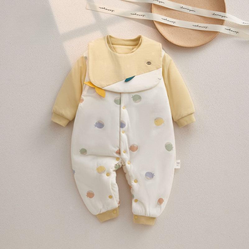 100% Cotton Extra Warm Long Sleeve Quilted Romper with Bib- Pink Whale - Bodyfeu