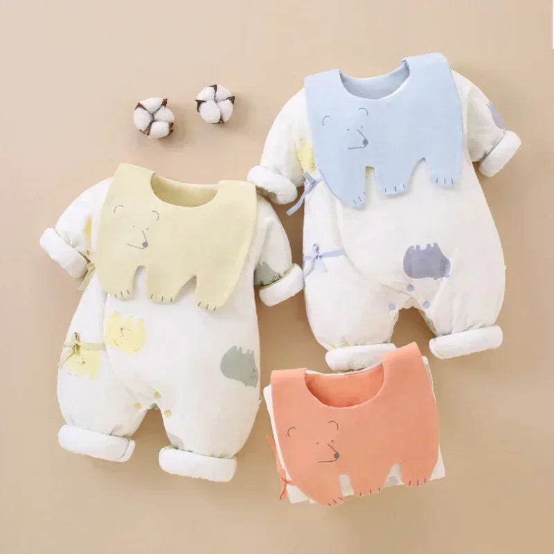 100% Cotton Extra Warm Long Sleeve Quilted Romper with Bib- Pink Whale - Bodyfeu