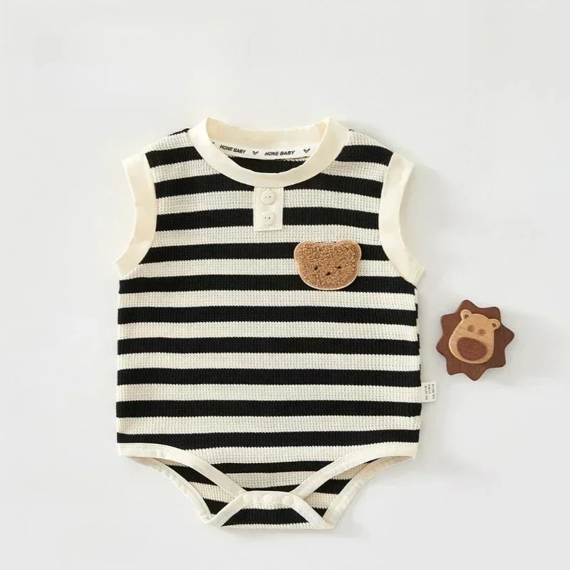 Cotton Sleeveless Overhead Bodysuit - Red Stripe & Bear - Bodyfeu