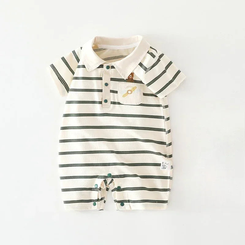 Cotton Short Sleeve Snap-Up Romper - Red Stripe & Bear - Bodyfeu