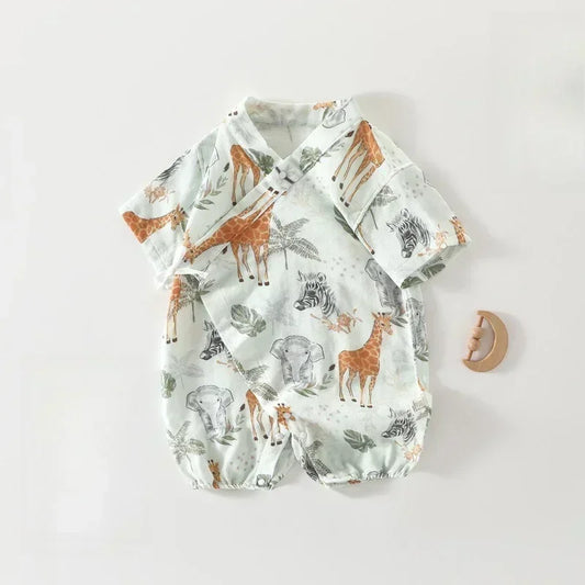 Cotton & Bamboo Muslin Short Sleeve Kimono Romper - Flamingos & Giraffes - Bodyfeu