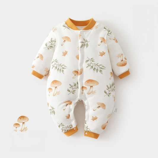 100% Cotton Quilted Long Sleeve Snap-Up Romper - Mushroom