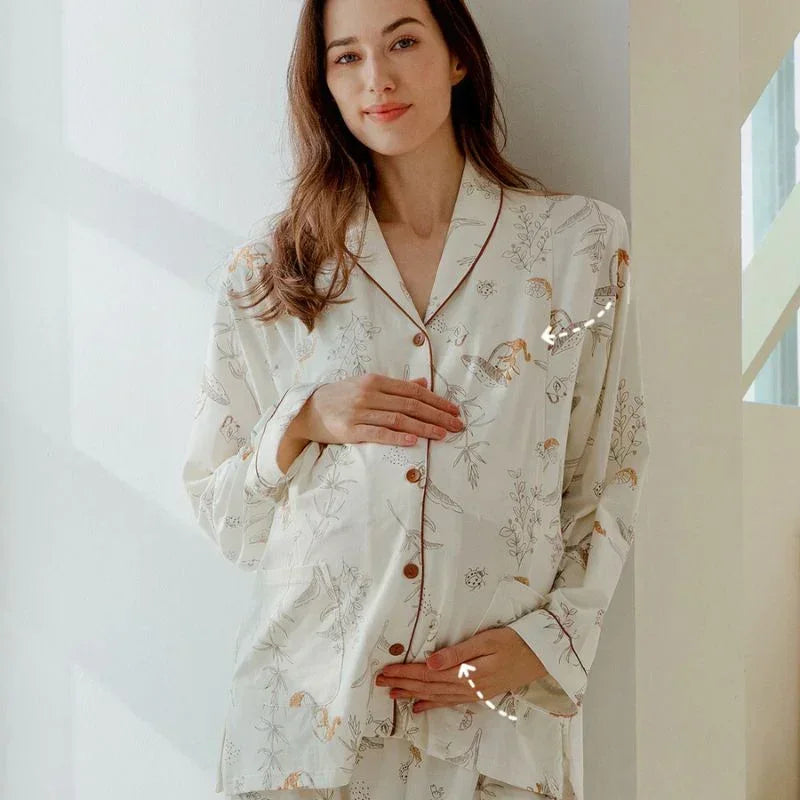 Cotton Button-Up Maternity Pajama- Green Leave - Bodyfeu
