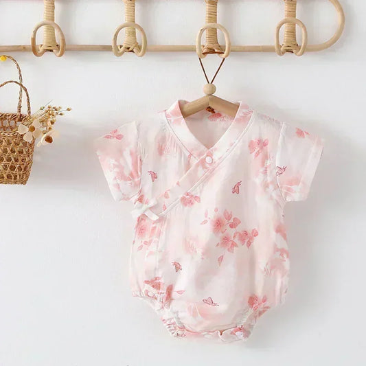 Cotton & Bamboo Muslin Short Sleeve Bodysuit - Green Leaves - Bodyfeu