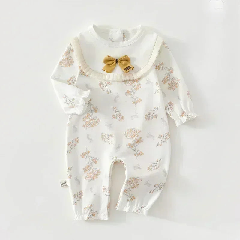 100% Cotton Long Sleeve Snap-Up Romper - Bowknot with Flowers - Bodyfeu