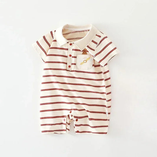 Cotton Short Sleeve Snap-Up Romper - Red Stripe & Bear - Bodyfeu