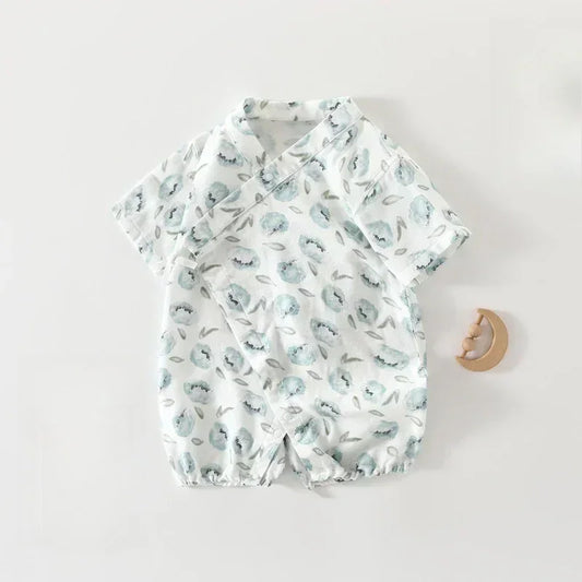 Cotton & Bamboo Muslin Short Sleeve Kimono Romper - Flamingos & Giraffes - Bodyfeu