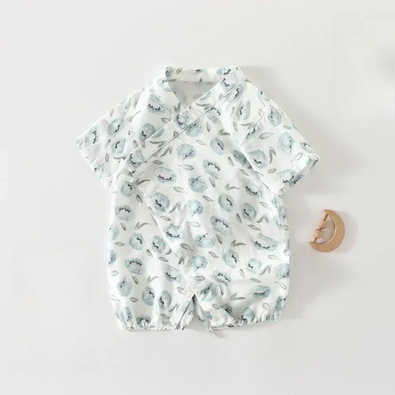 Cotton & Bamboo Muslin Short Sleeve Kimono Romper - Flamingos & Giraffes - Bodyfeu