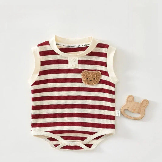 Cotton Sleeveless Overhead Bodysuit - Red Stripe & Bear - Bodyfeu
