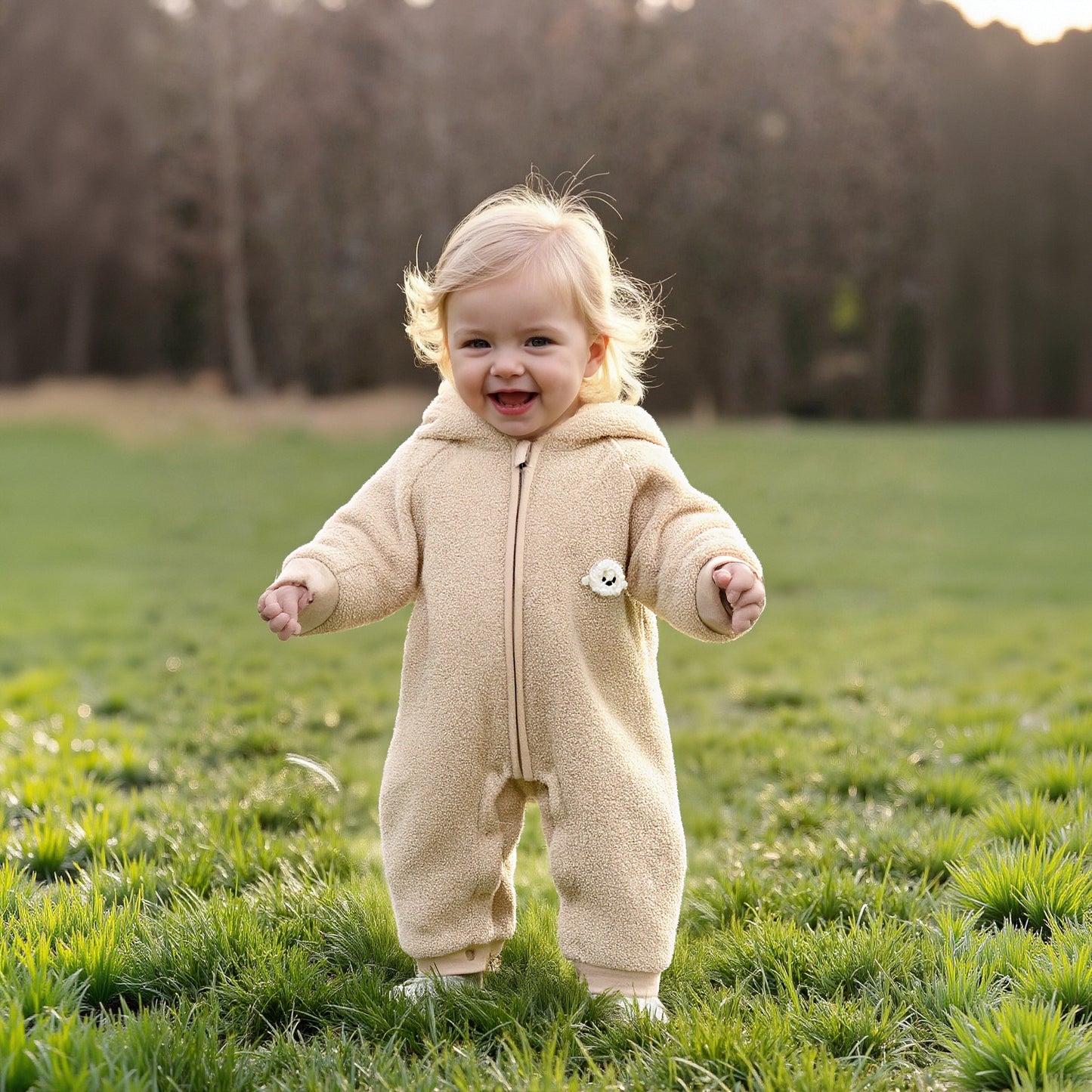 Quilted Microfleece Zip-up Hooded Romper - Beige Sheep