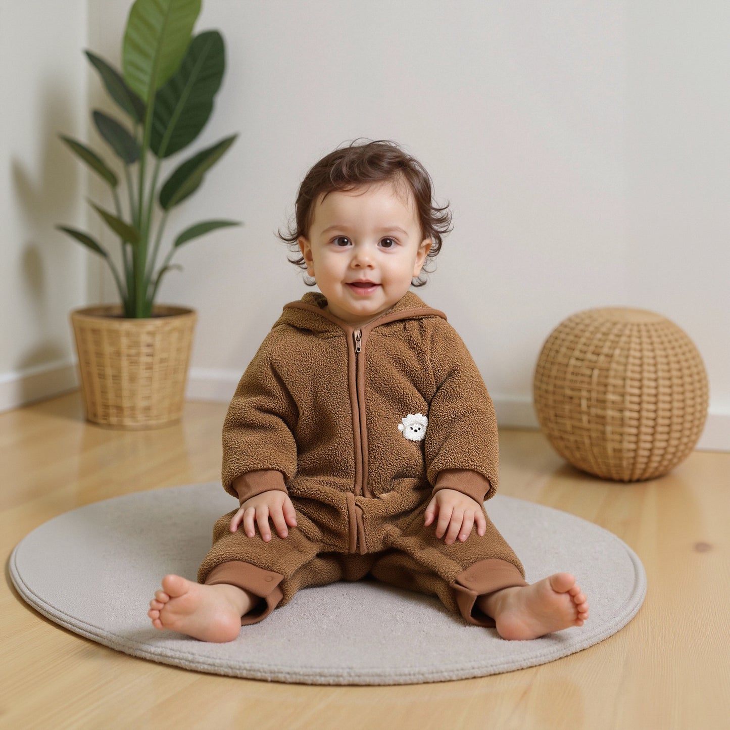 Quilted Microfleece Zip-up Hooded Romper - Beige Sheep