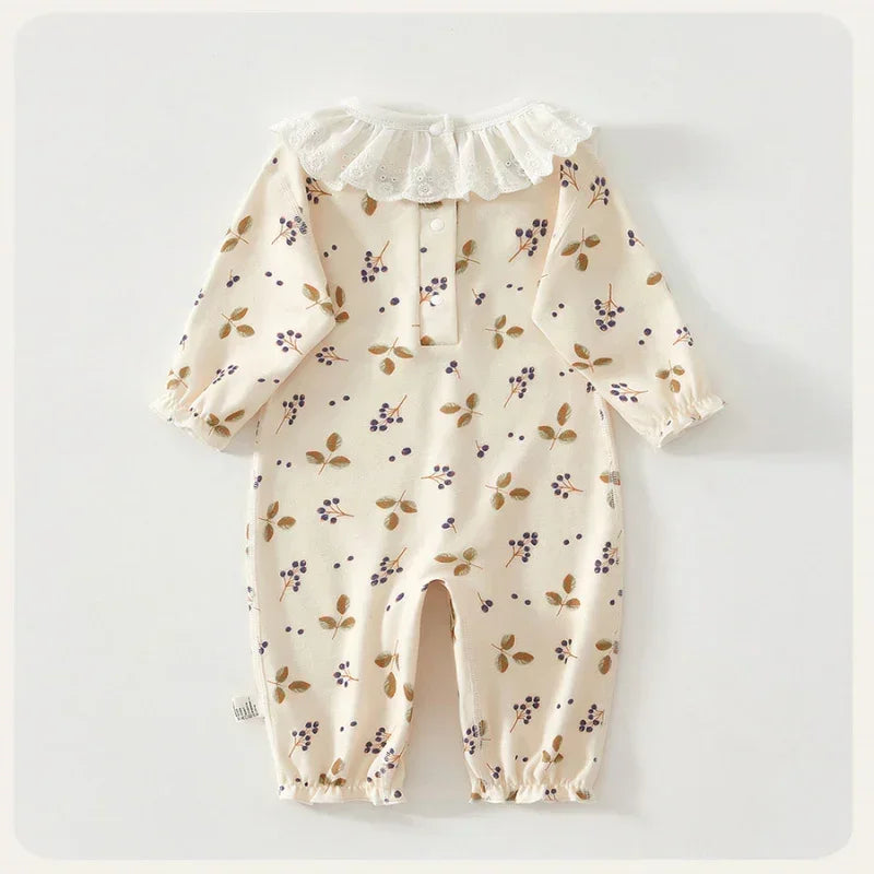 100% Cotton Long Sleeve Snap-Up Romper - Fruits & Leaves - Bodyfeu