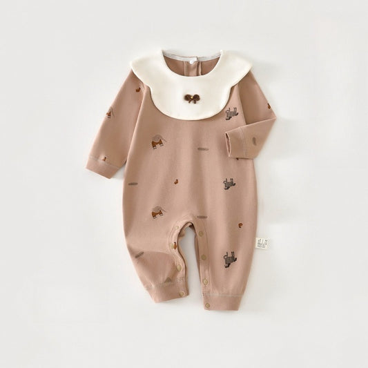 100% Cotton Snap-up Long-Sleeve Romper - Brown Elephant