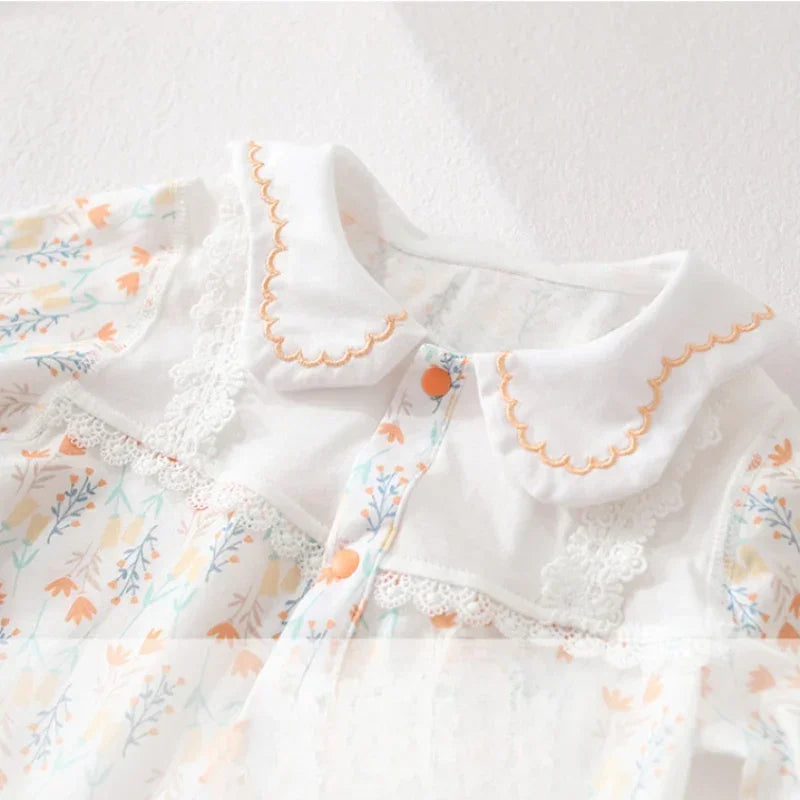 100% Cotton Long Sleeve Floral Romper - Orange Blossom - Bodyfeu