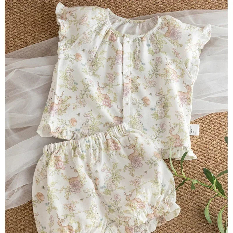 Cotton Short-Sleeve Top & Pants Set - Spring Branches - Bodyfeu