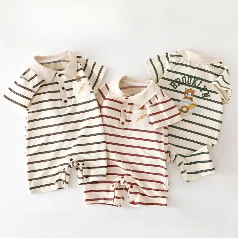 Cotton Short Sleeve Snap-Up Romper - Red Stripe & Bear - Bodyfeu