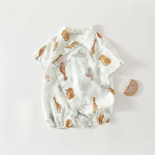 Cotton & Bamboo Muslin Short Sleeve Kimono Romper - Flamingos & Giraffes - Bodyfeu