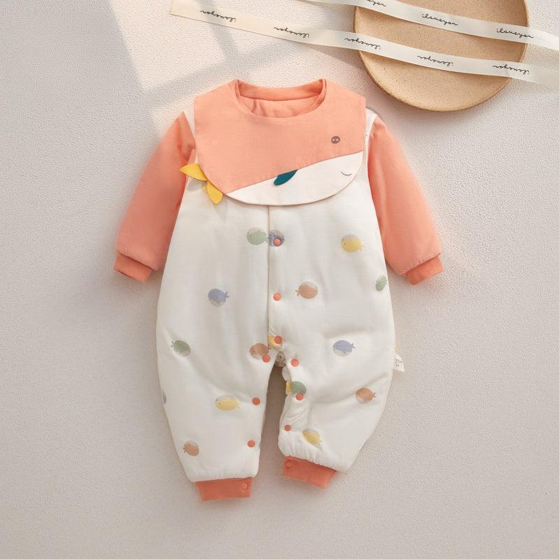 100% Cotton Extra Warm Long Sleeve Quilted Romper with Bib- Pink Whale - Bodyfeu
