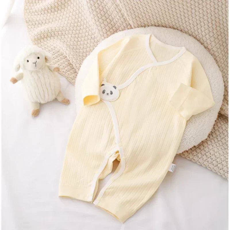 100% Cotton Long Sleeve Romper with Velcro Closure - White Panda - Bodyfeu