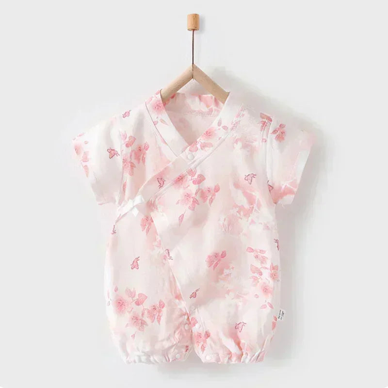 Cotton & Bamboo Muslin Short Sleeve Romper - Water Lily - Bodyfeu