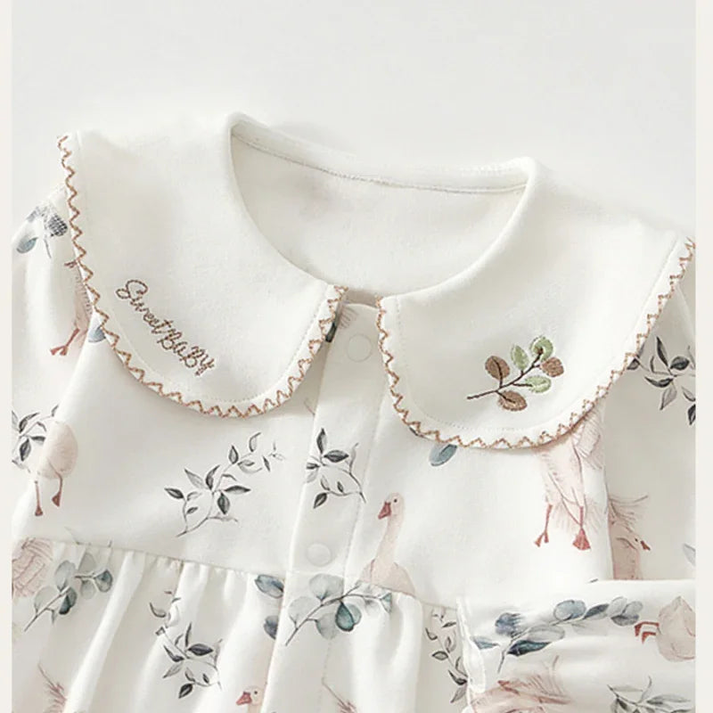 100% Cotton Long Sleeve Snap-Up Romper - White Crane - Bodyfeu