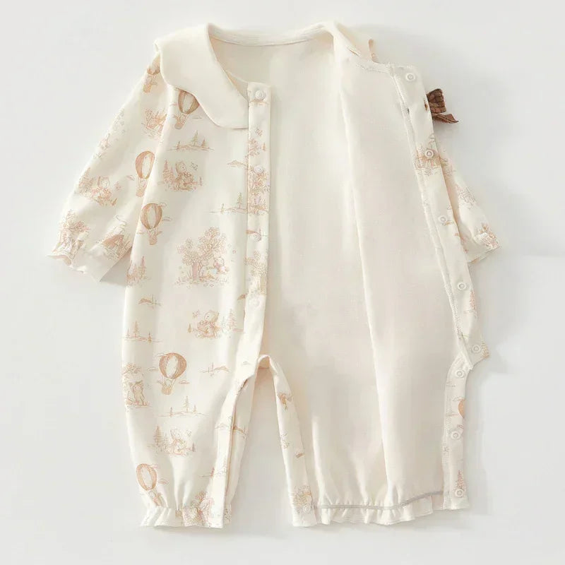 100% Cotton Long Sleeve Snap-Up Romper - Bowknot with Flowers - Bodyfeu