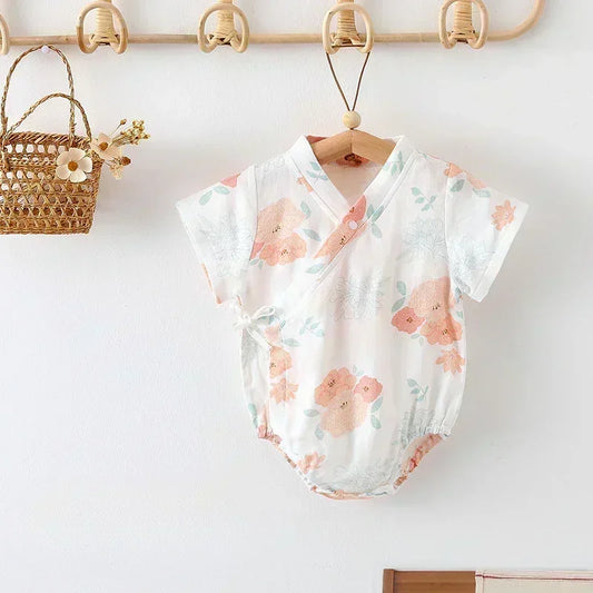 Cotton & Bamboo Muslin Short Sleeve Bodysuit - Green Leaves - Bodyfeu