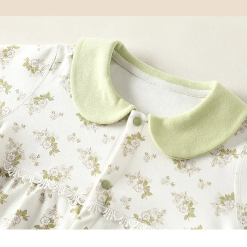 100% Cotton Long Sleeve Floral Romper - Green Garden - Bodyfeu