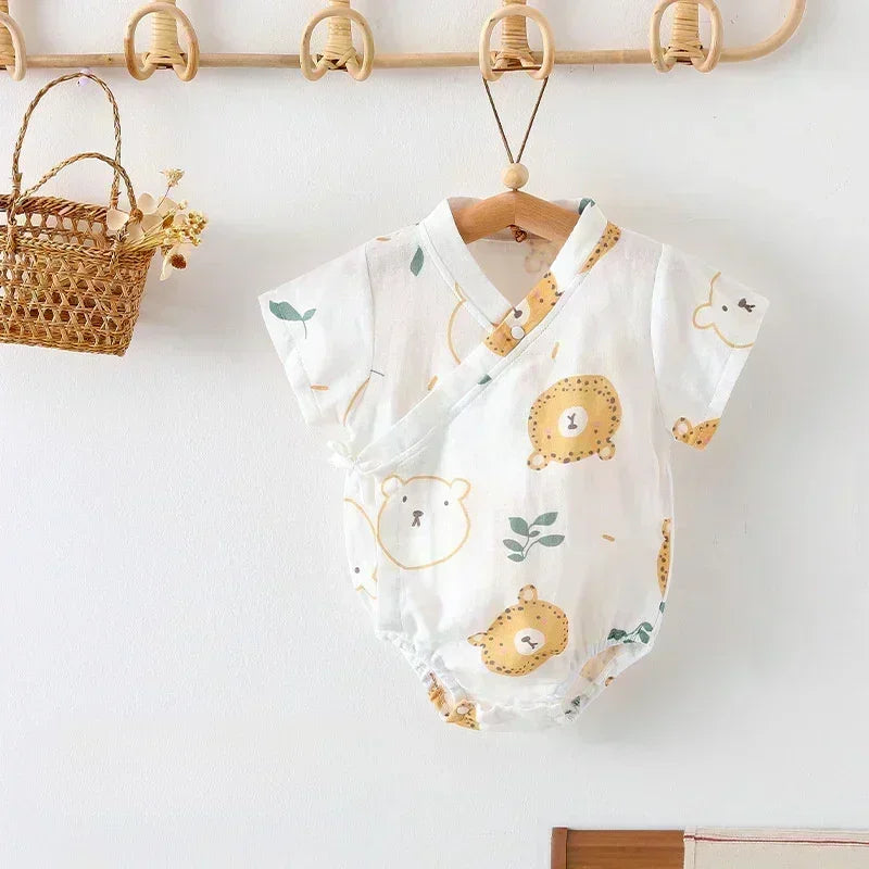 Cotton & Bamboo Muslin Short Sleeve Bodysuit - Green Leaves - Bodyfeu