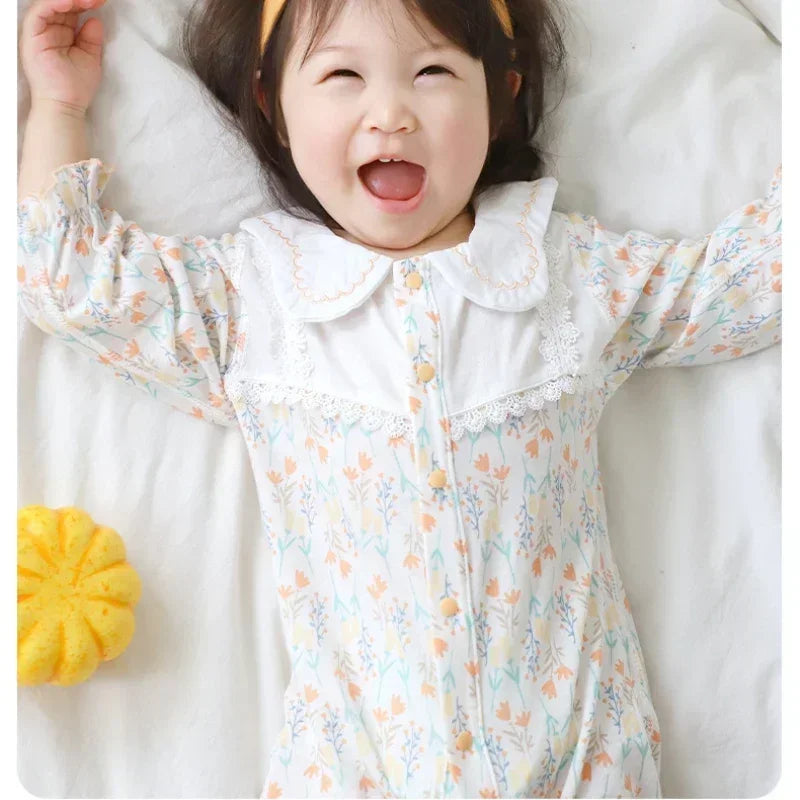 100% Cotton Long Sleeve Floral Romper - Bunny Garden - Bodyfeu