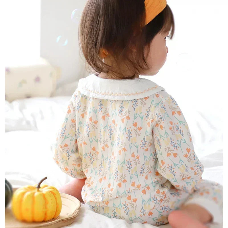 100% Cotton Long Sleeve Floral Romper - Bunny Garden - Bodyfeu
