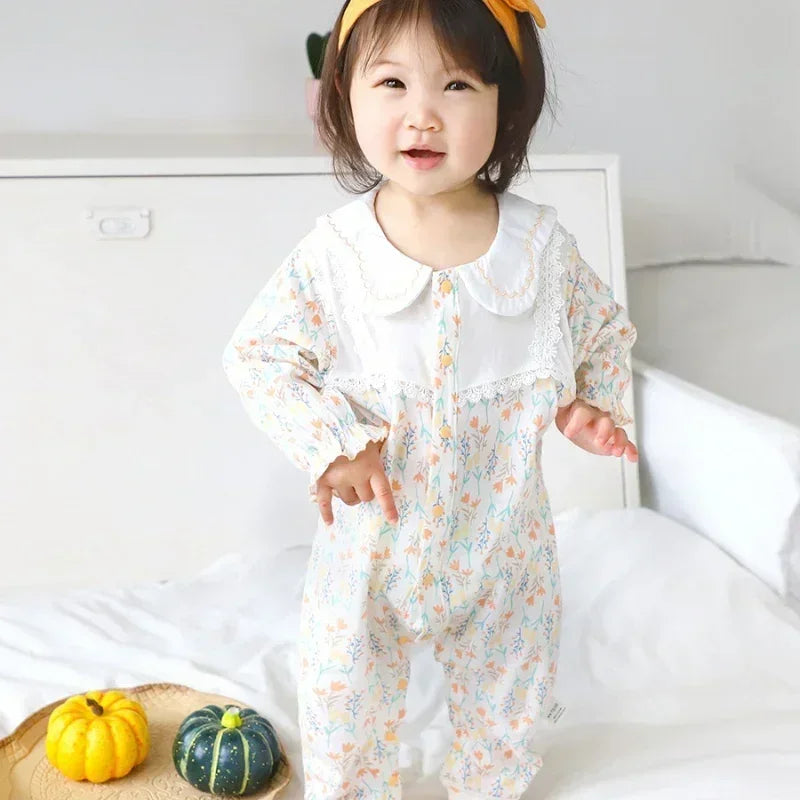 100% Cotton Long Sleeve Floral Romper - Bunny Garden - Bodyfeu