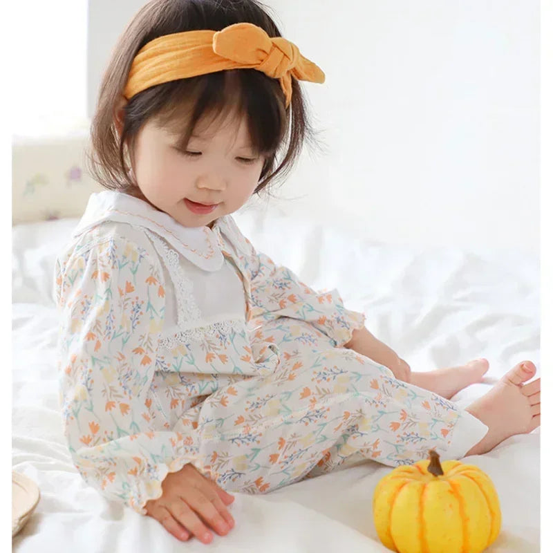 100% Cotton Long Sleeve Floral Romper - Bunny Garden - Bodyfeu