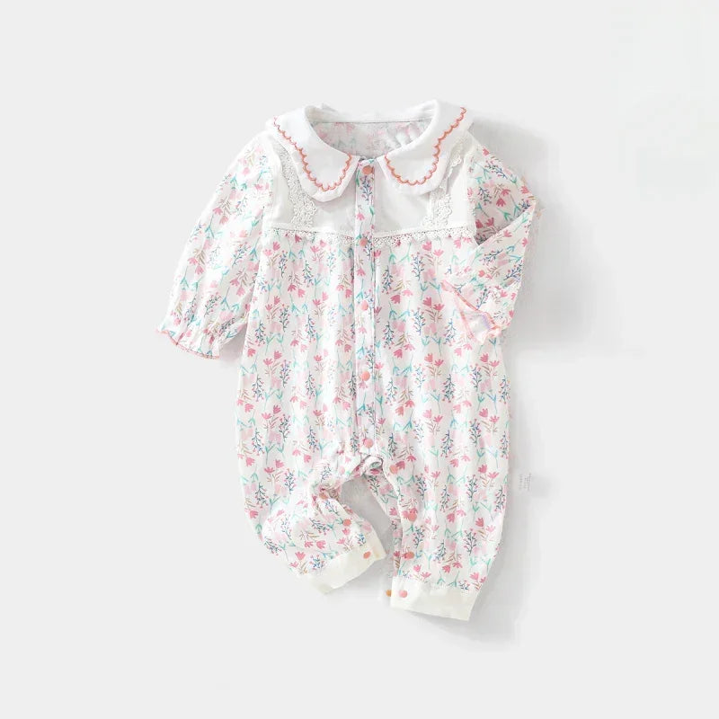100% Cotton Long Sleeve Floral Romper - Bunny Garden - Bodyfeu