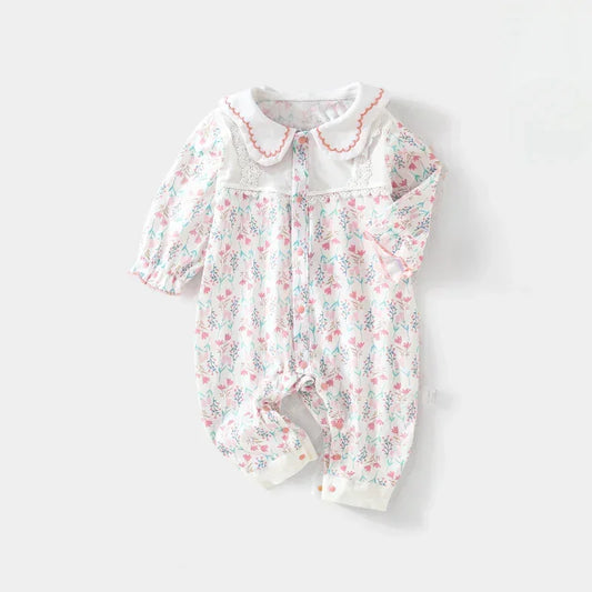 100% Cotton Long Sleeve Floral Romper - Bunny Garden - Bodyfeu