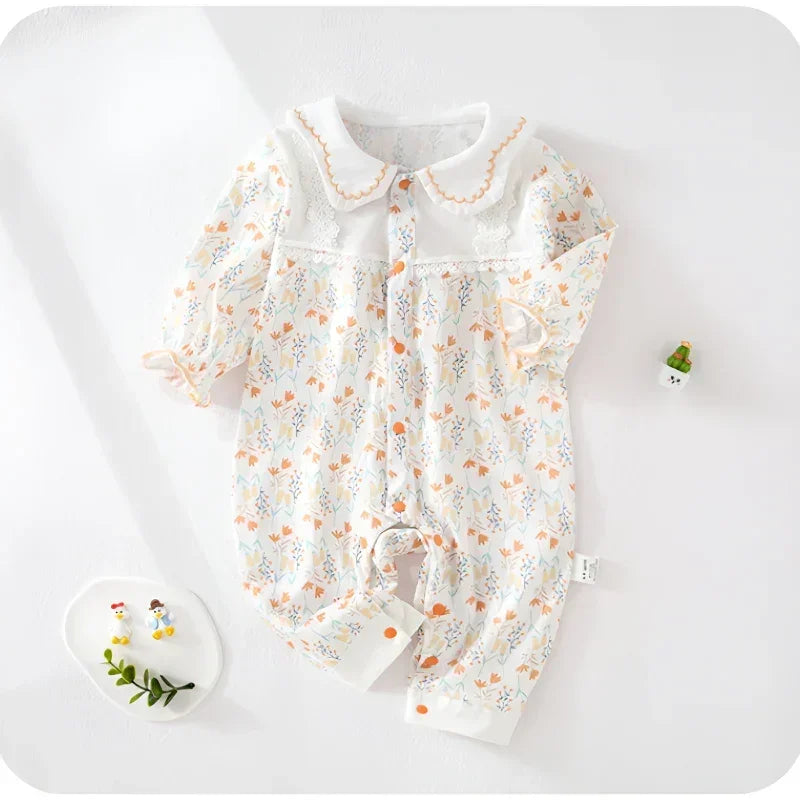 100% Cotton Long Sleeve Floral Romper - Bunny Garden - Bodyfeu
