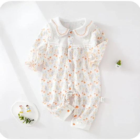 100% Cotton Long Sleeve Floral Romper - Bunny Garden - Bodyfeu