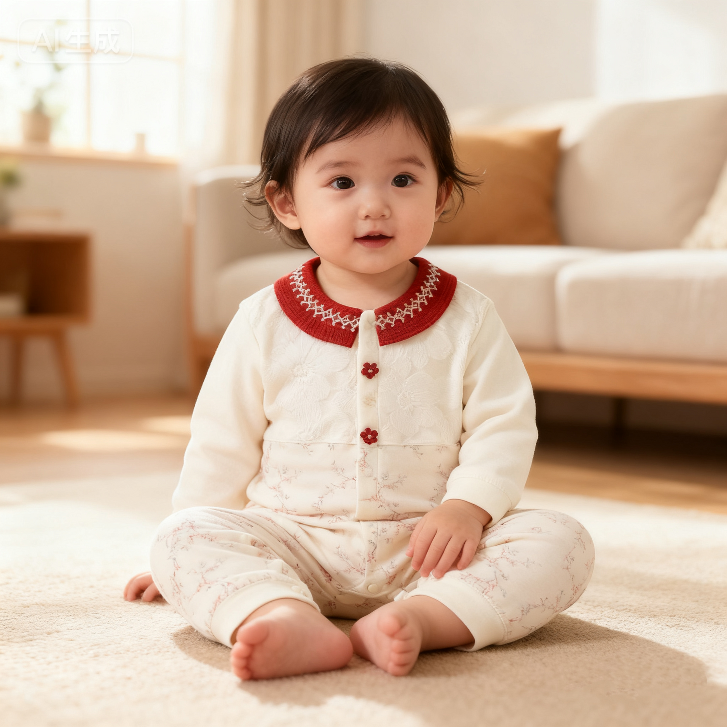 Cotton Snap-Up Long Sleeve Romper - Red Flower